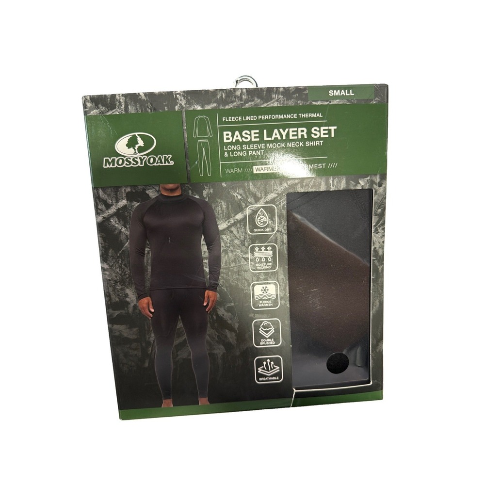 MOSSY OAK Men's Small Black Fleece Lined Performance Thermal Base Layer Set New
